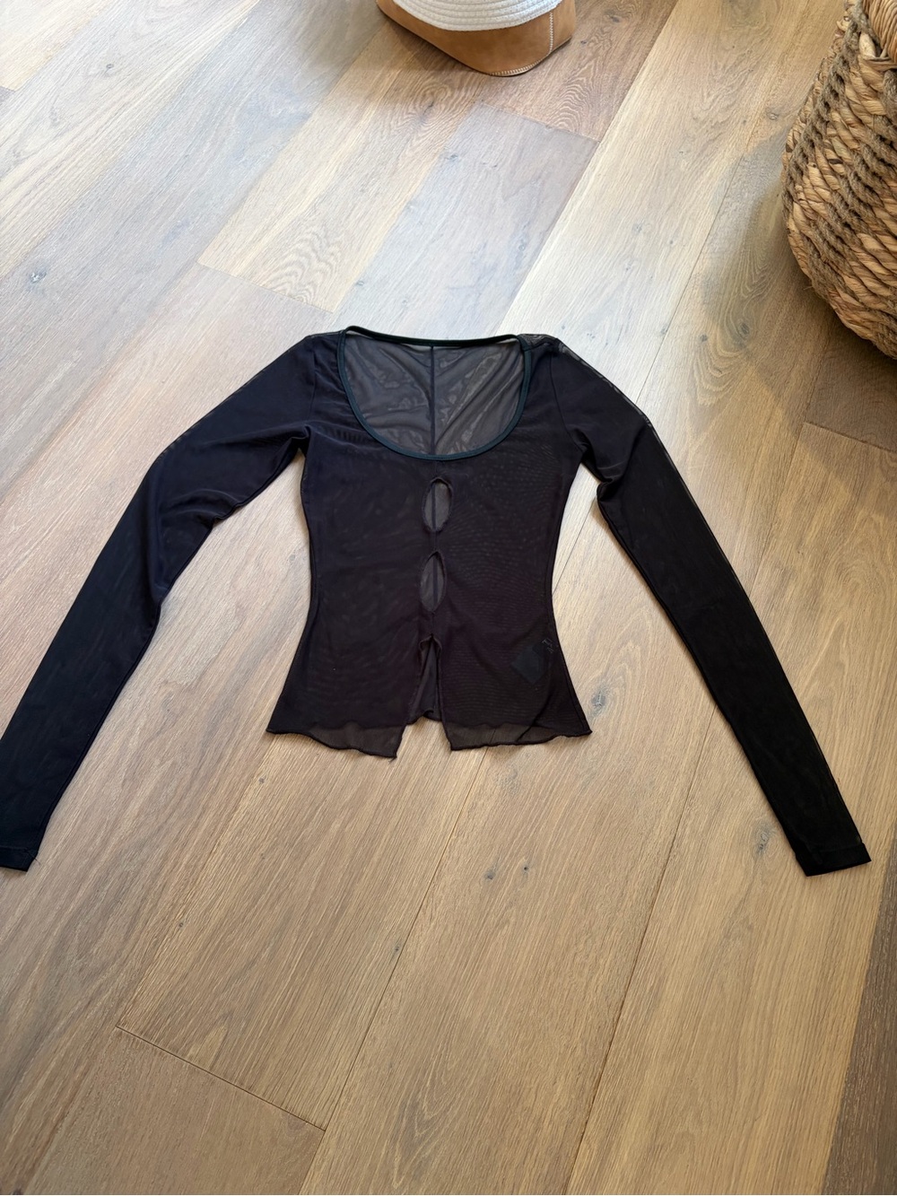 Tiger Mist Black Long Sleeve Sheer Keyhole Front Top
